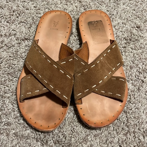 Frye Avery Pickstitch Slides Suede Tan Sandals Shoes Leather Anthropologie - Picture 6 of 8